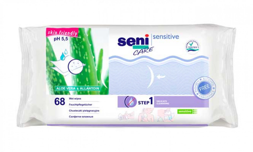 Влажные салфетки для чувствительной кожи Sensitive (Алоэ Вера и Аллантоин) "SENI CARE" 68 шт
